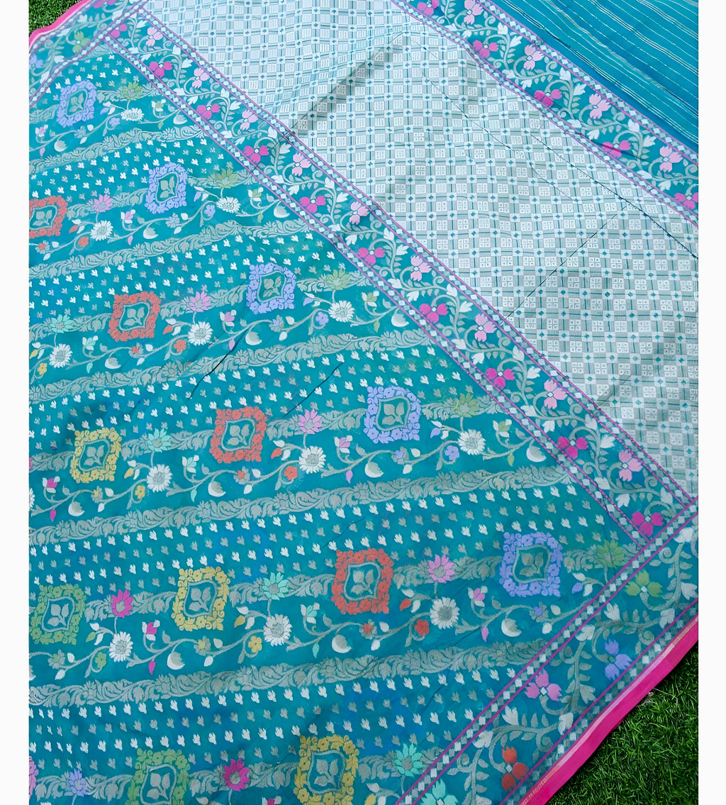 Firozi Blue Shade Handwoven Muslin Kora Ektara Jamdani Saree