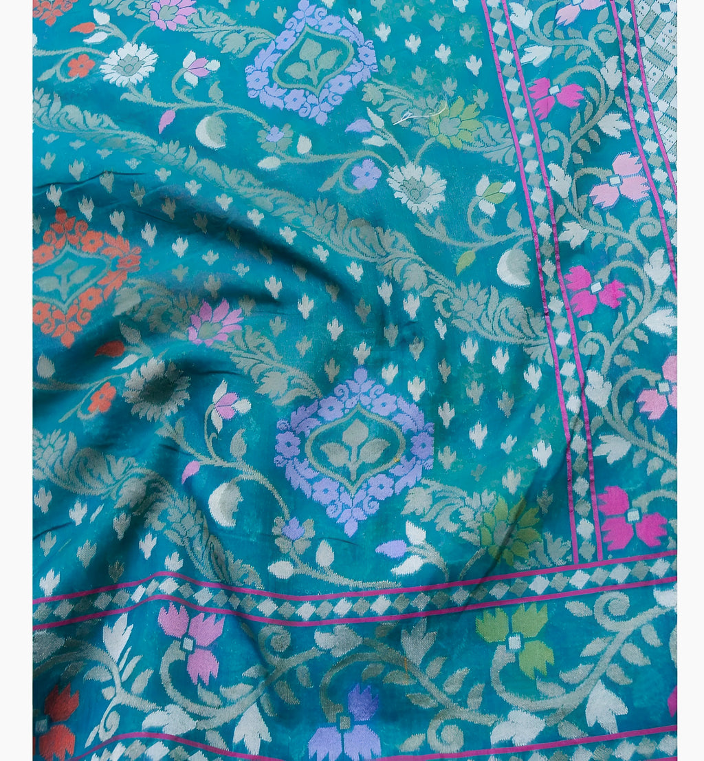 Firozi Blue Shade Handwoven Muslin Kora Ektara Jamdani Saree