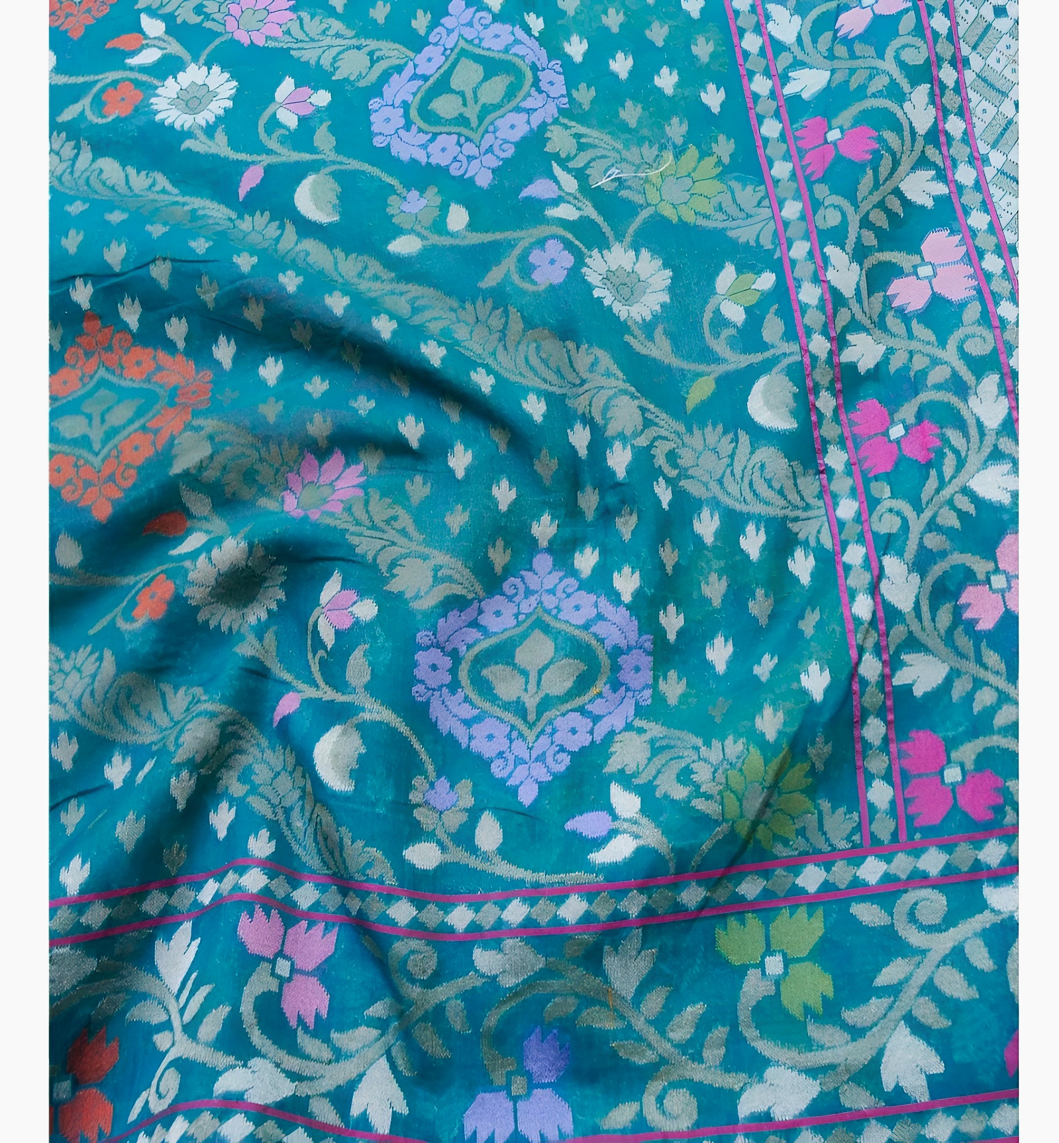 Firozi Blue Shade Handwoven Muslin Kora Ektara Jamdani Saree
