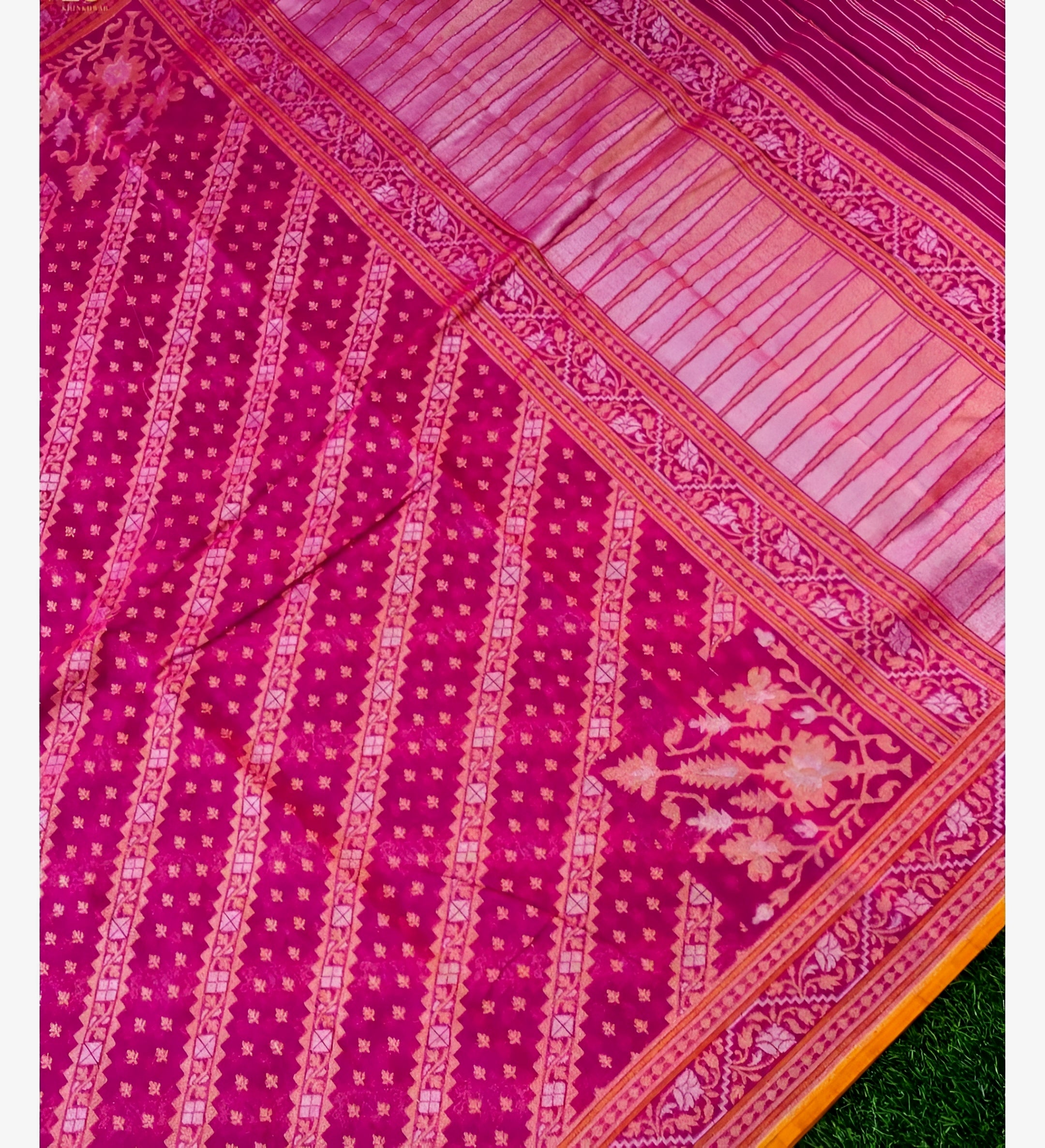 Hot Pink Shade Handwoven Muslin Kora Ektara Jamdani Saree