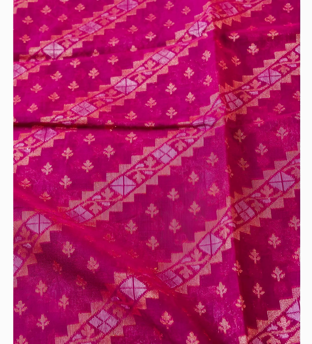 Hot Pink Shade Handwoven Muslin Kora Ektara Jamdani Saree