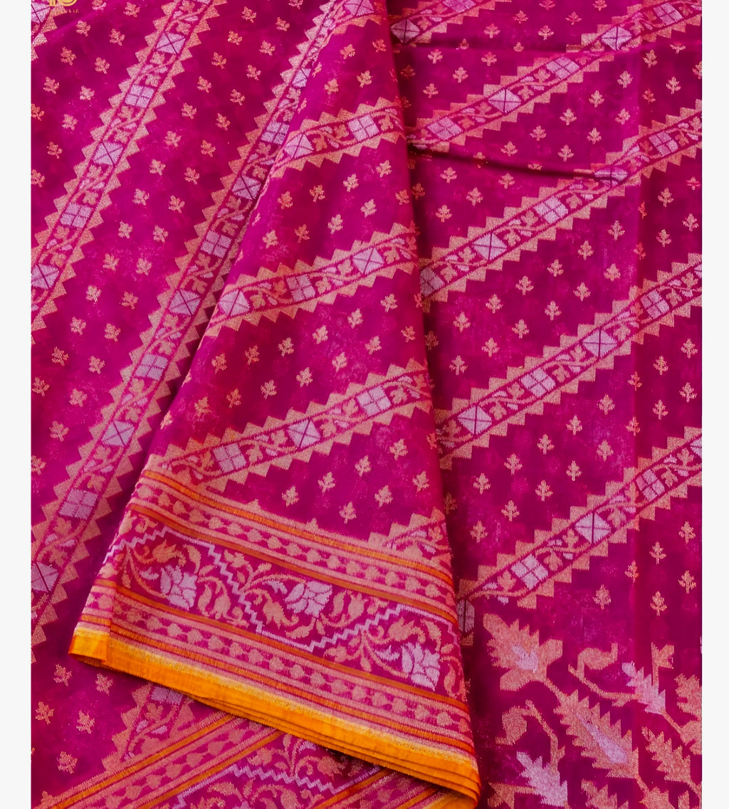 Hot Pink Shade Handwoven Muslin Kora Ektara Jamdani Saree