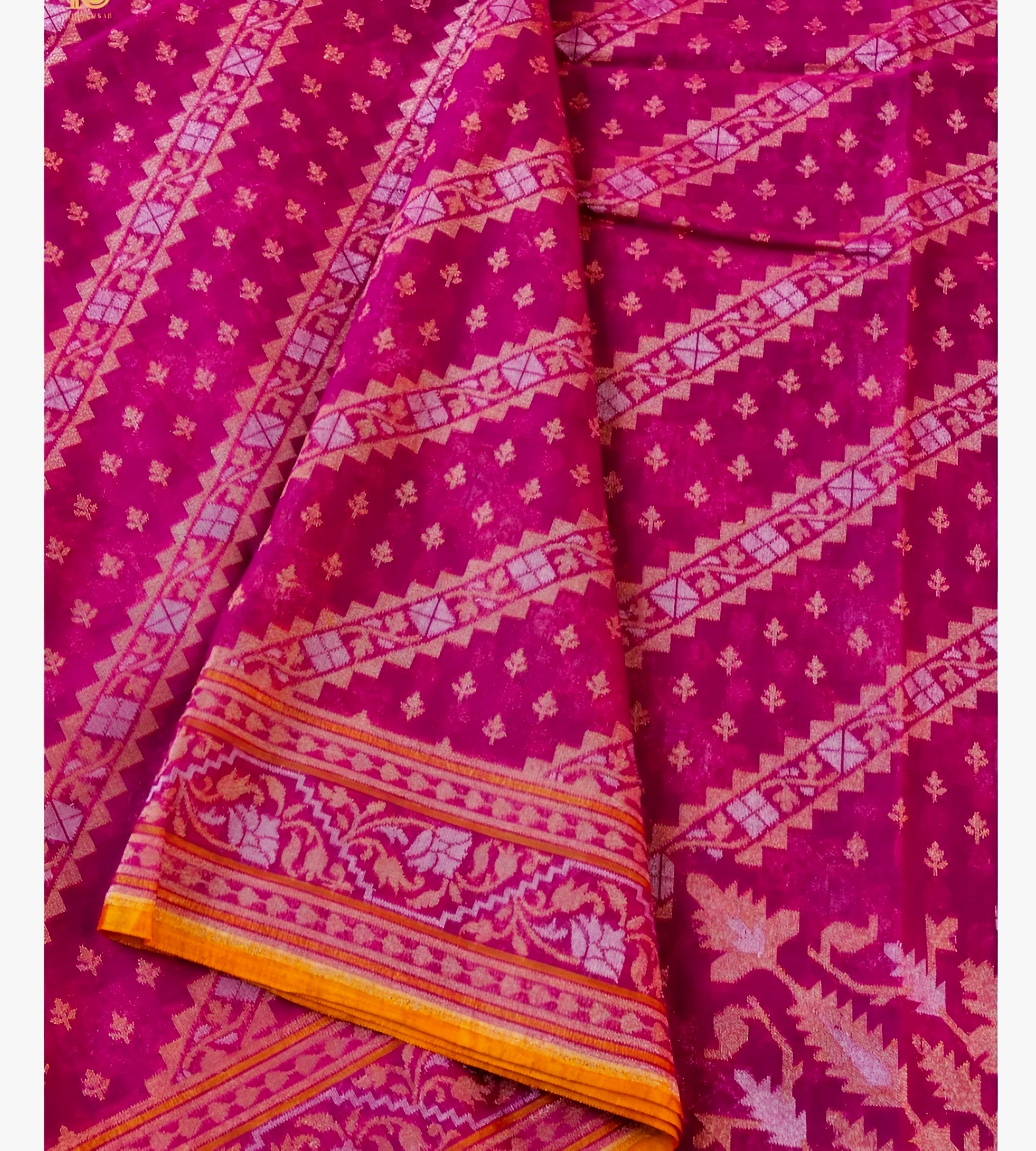 Hot Pink Shade Handwoven Muslin Kora Ektara Jamdani Saree
