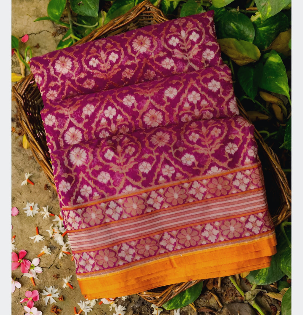 Rani Pink Shade Handwoven Muslin Kora Ektara Jamdani Saree