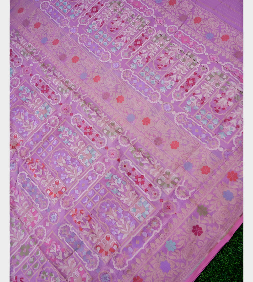 Levendar Shade Handwoven Muslin Kora Ektara Jamdani Saree