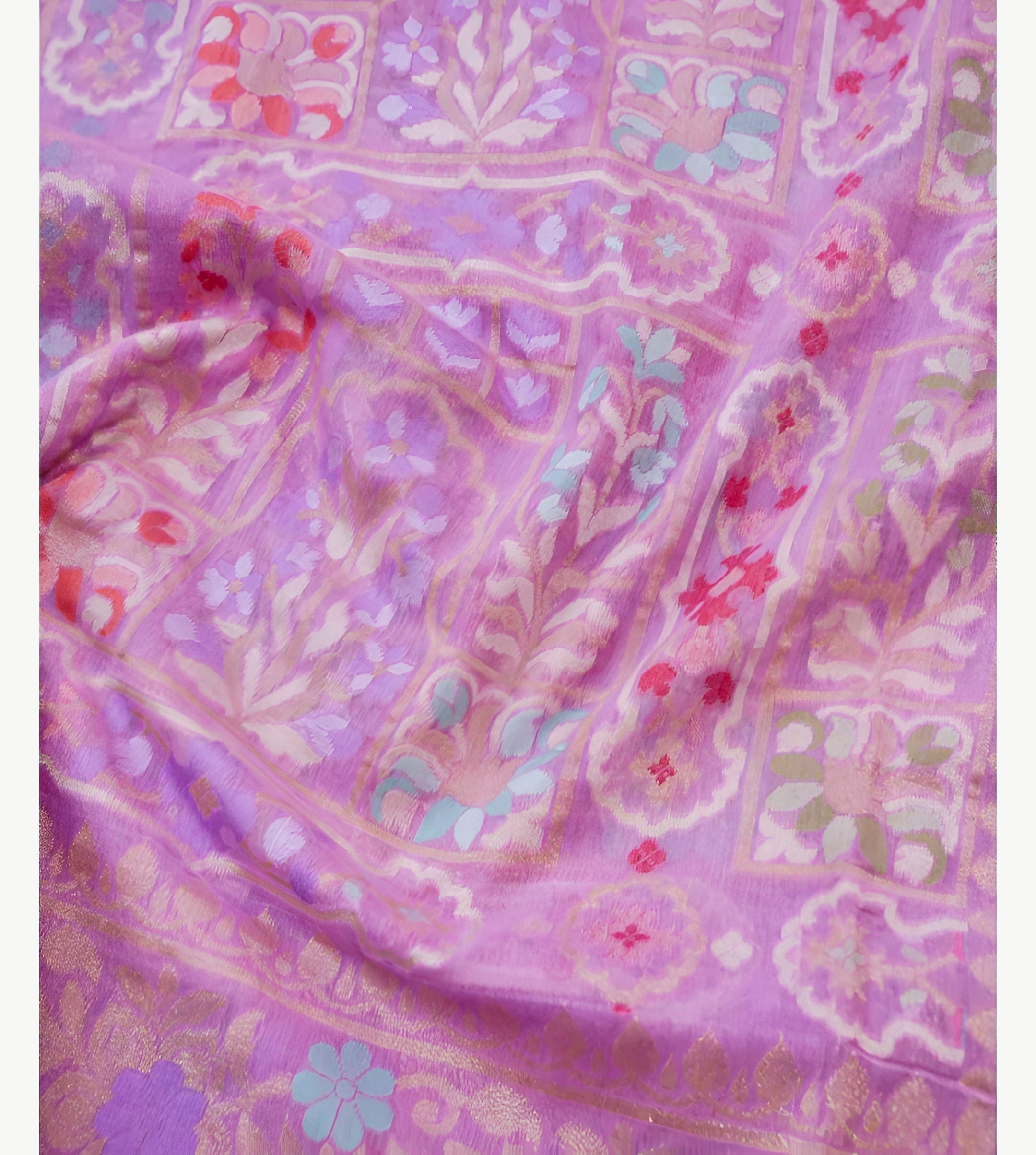 Levendar Shade Handwoven Muslin Kora Ektara Jamdani Saree