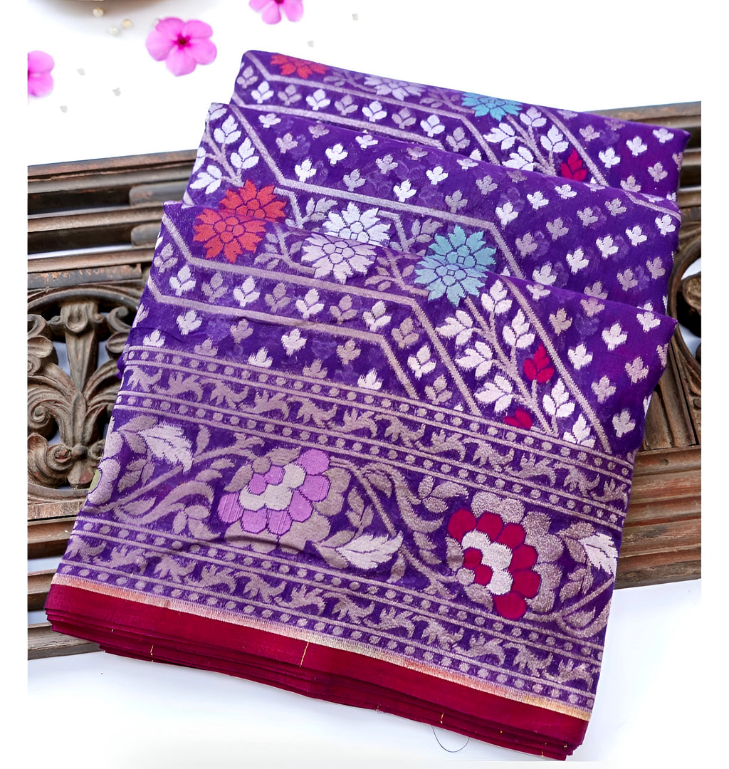 Purple Shade Handwoven Muslin Kora Ektara Jamdani Saree