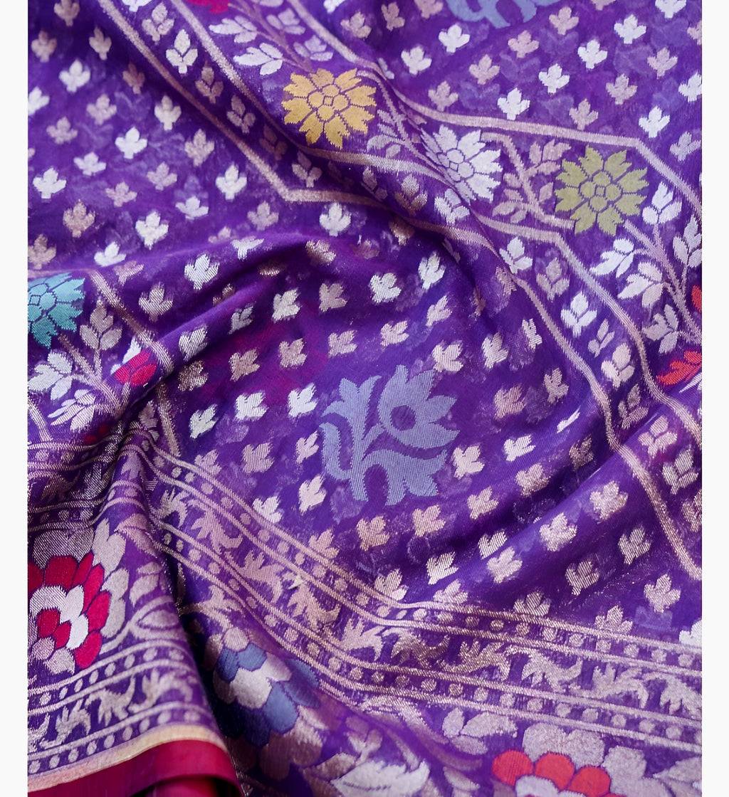 Purple Shade Handwoven Muslin Kora Ektara Jamdani Saree