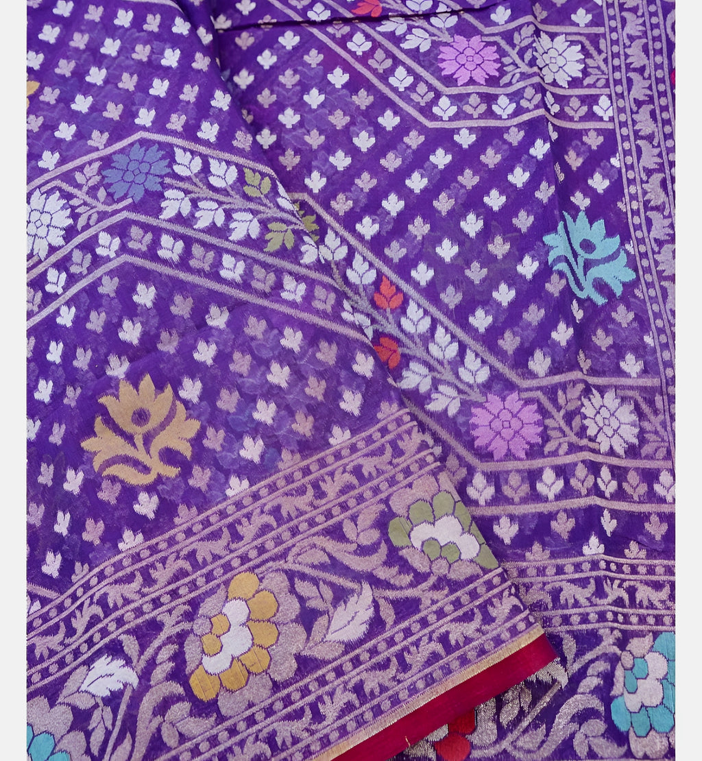 Purple Shade Handwoven Muslin Kora Ektara Jamdani Saree