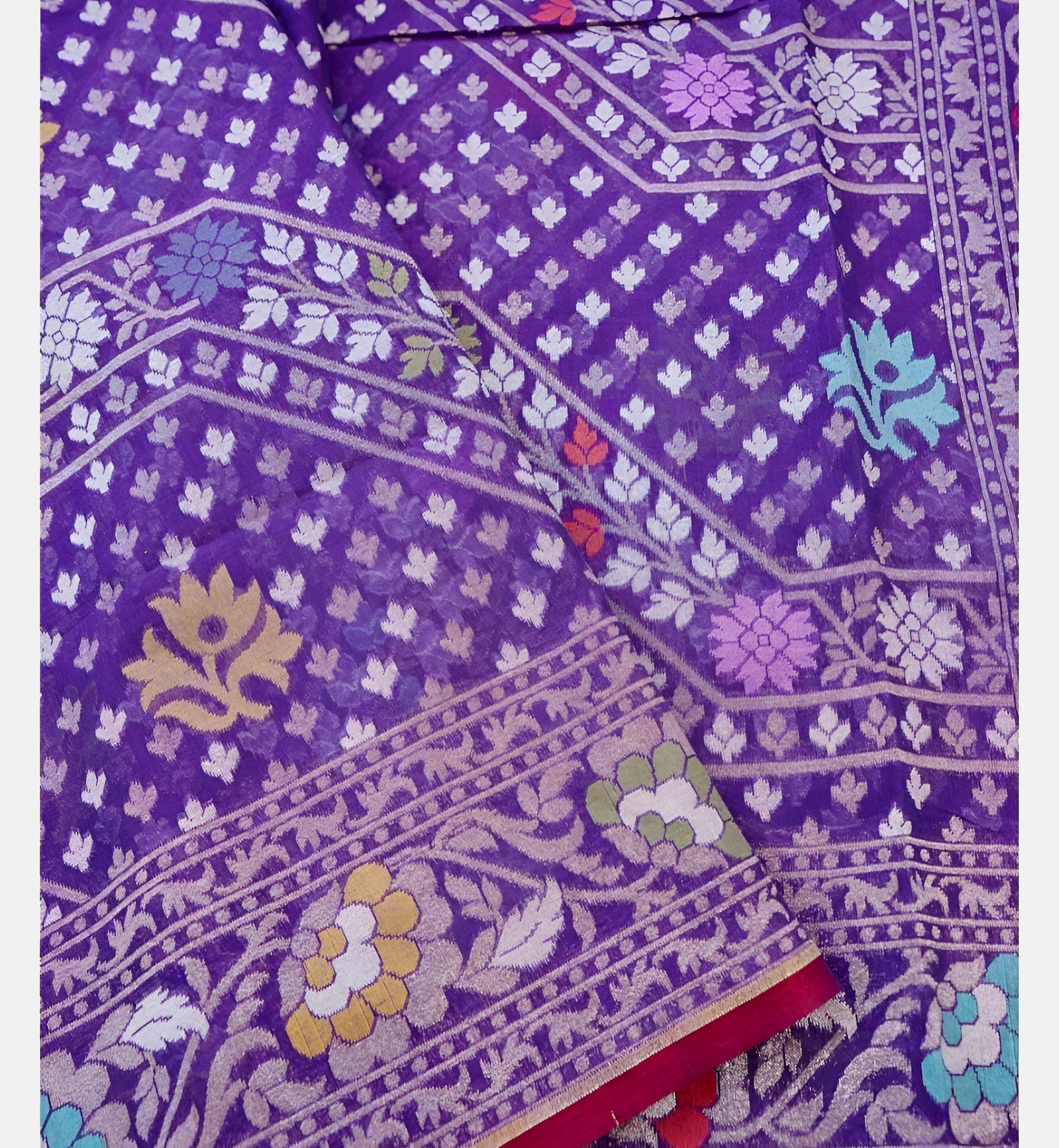 Purple Shade Handwoven Muslin Kora Ektara Jamdani Saree
