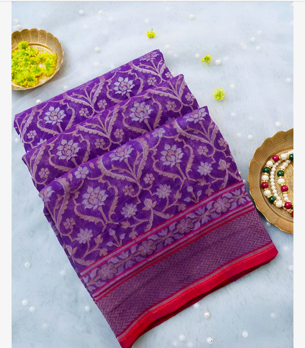 Purple Shade Handwoven Muslin Kora Ektara Jamdani Saree