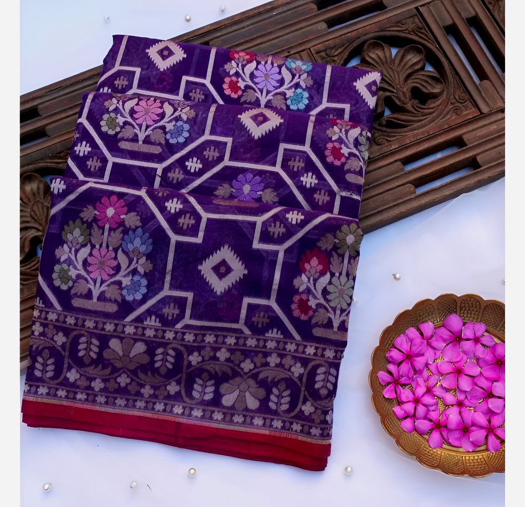 Purple Shade Handwoven Muslin Kora Ektara Jamdani Saree