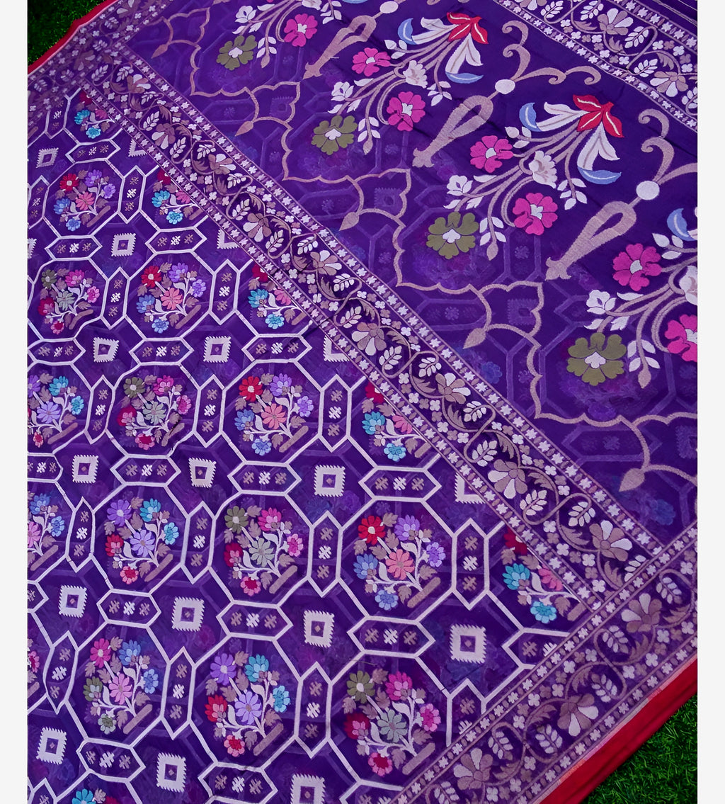 Purple Shade Handwoven Muslin Kora Ektara Jamdani Saree