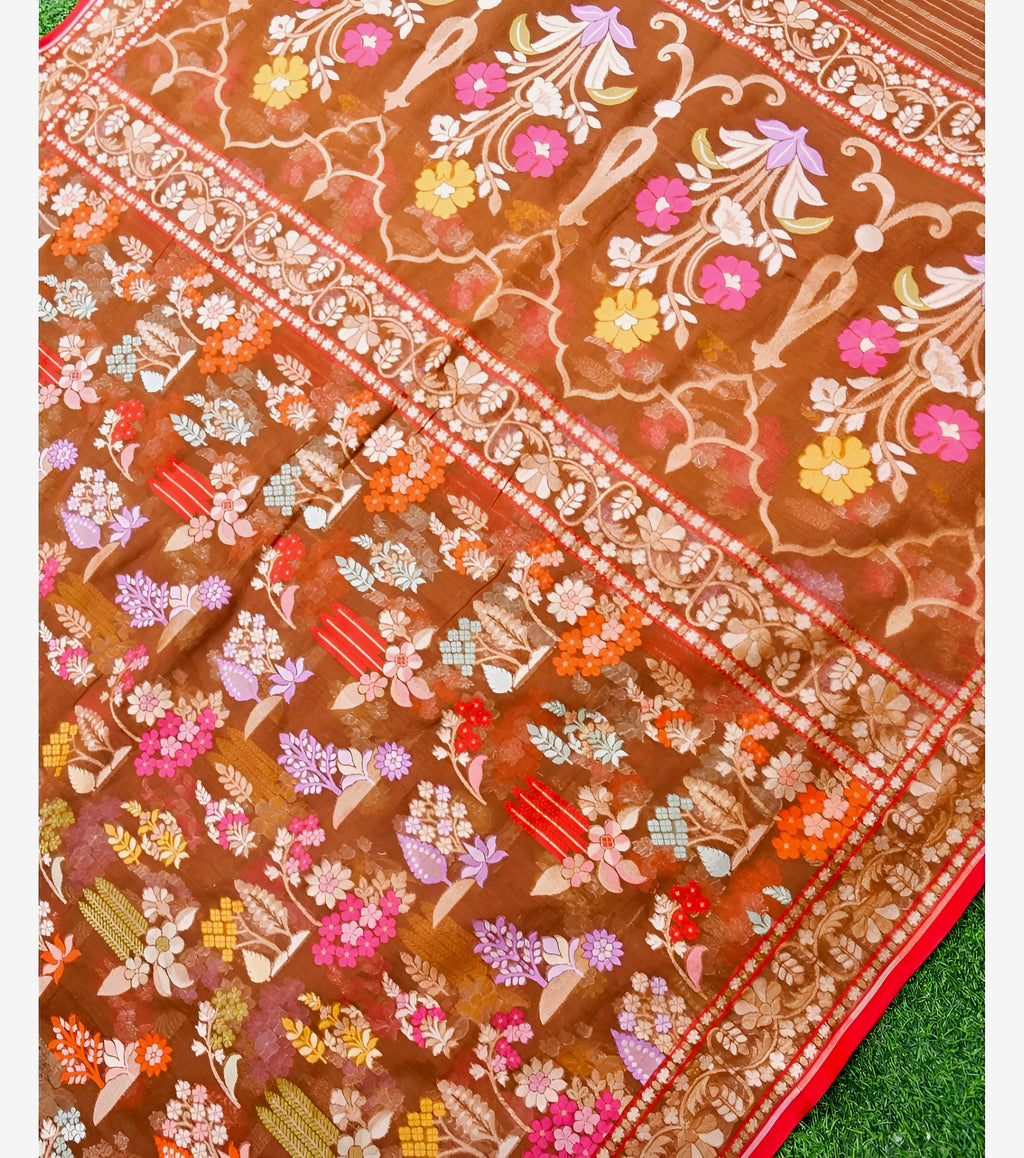 Mustard Gold Handwoven Muslin Kora Ektara Jamdani Saree