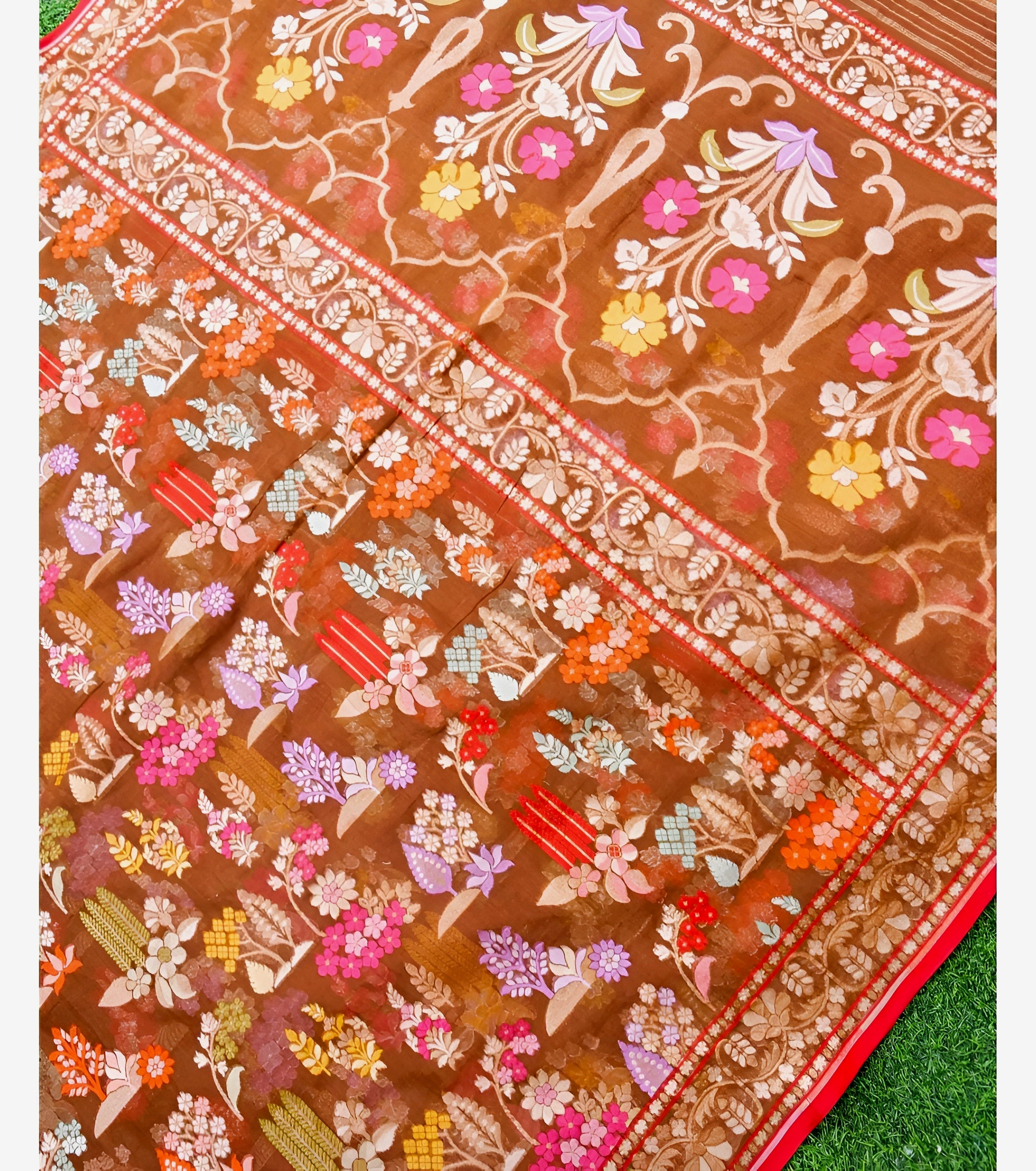 Mustard Gold Handwoven Muslin Kora Ektara Jamdani Saree