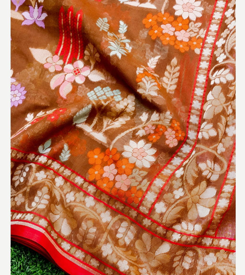 Mustard Gold Handwoven Muslin Kora Ektara Jamdani Saree