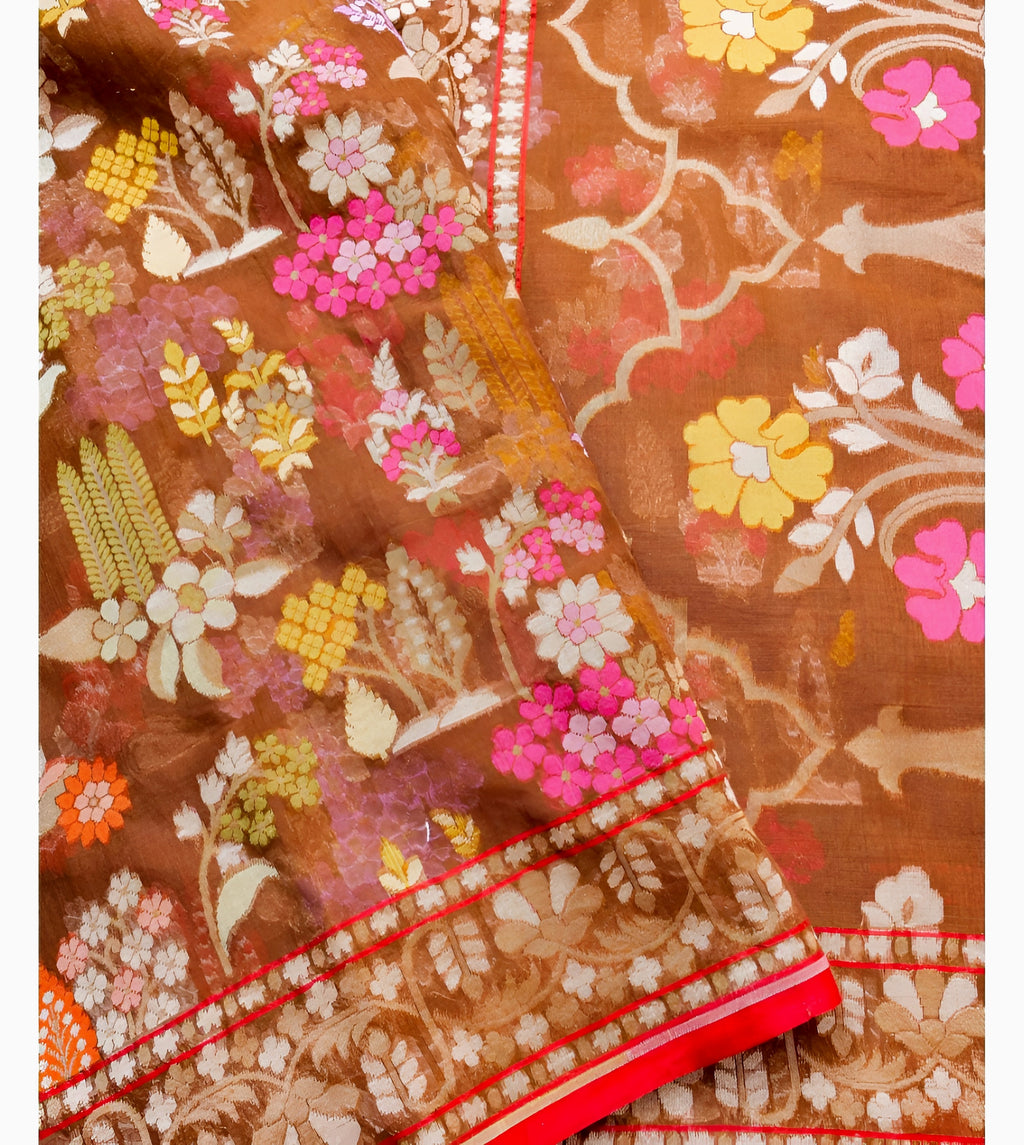 Mustard Gold Handwoven Muslin Kora Ektara Jamdani Saree