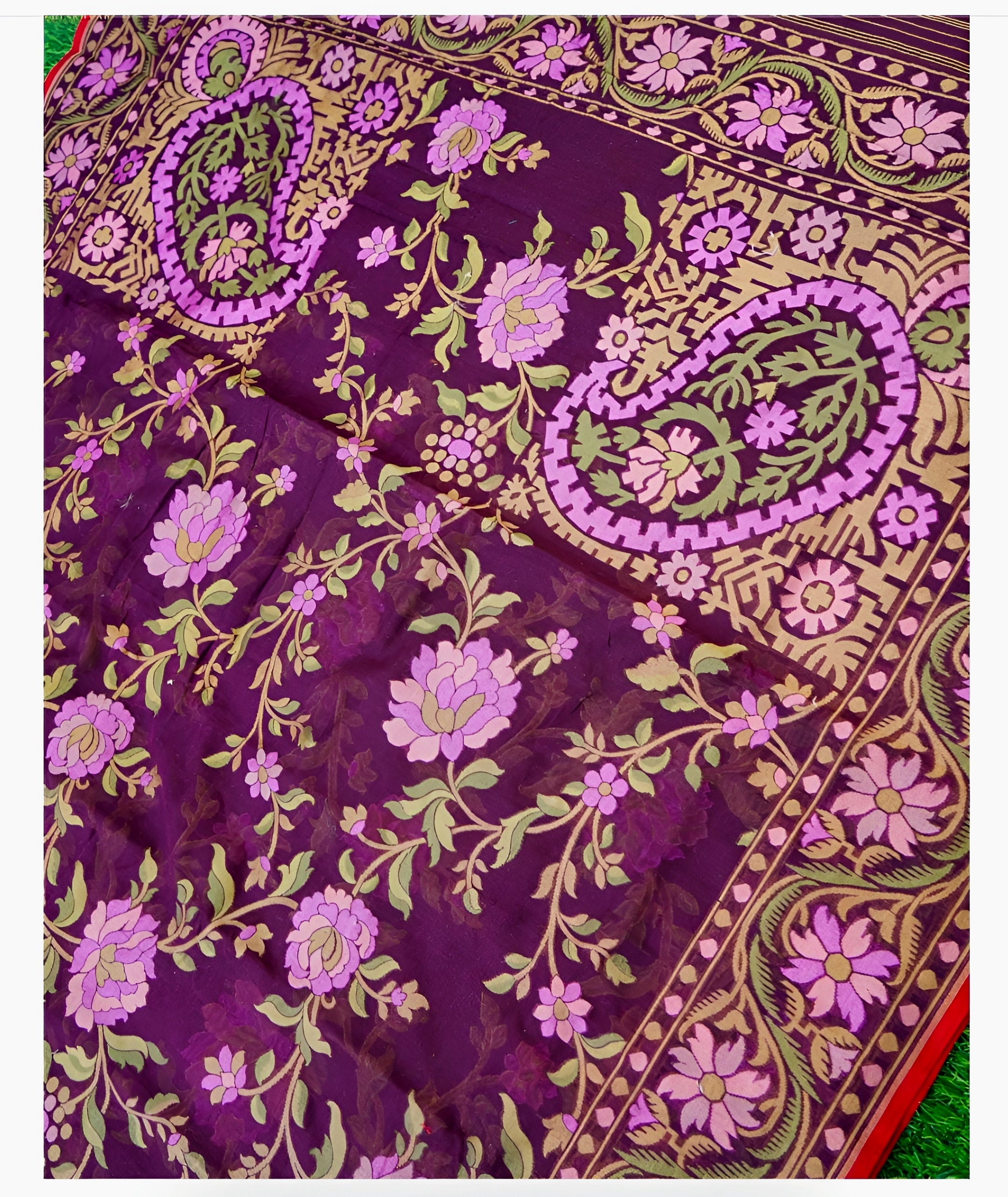 Deep Purple Shade Handwoven Muslin Kora Ektara Jamdani Saree
