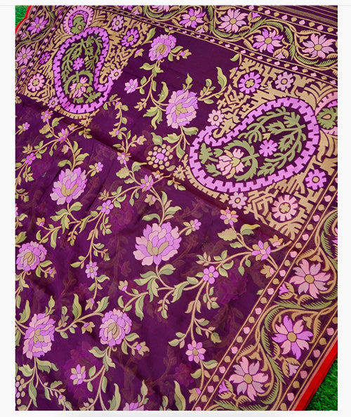 (Pre-Order) Deep Purple Shade Handwoven Muslin Kora Ektara Jamdani Saree