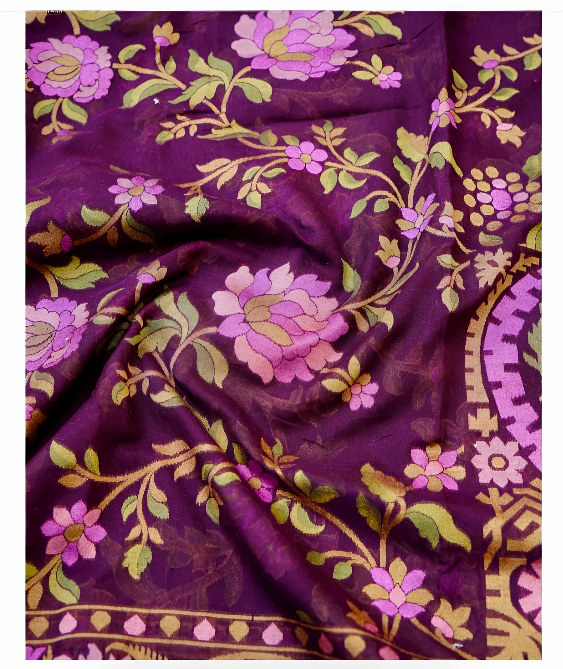Deep Purple Shade Handwoven Muslin Kora Ektara Jamdani Saree