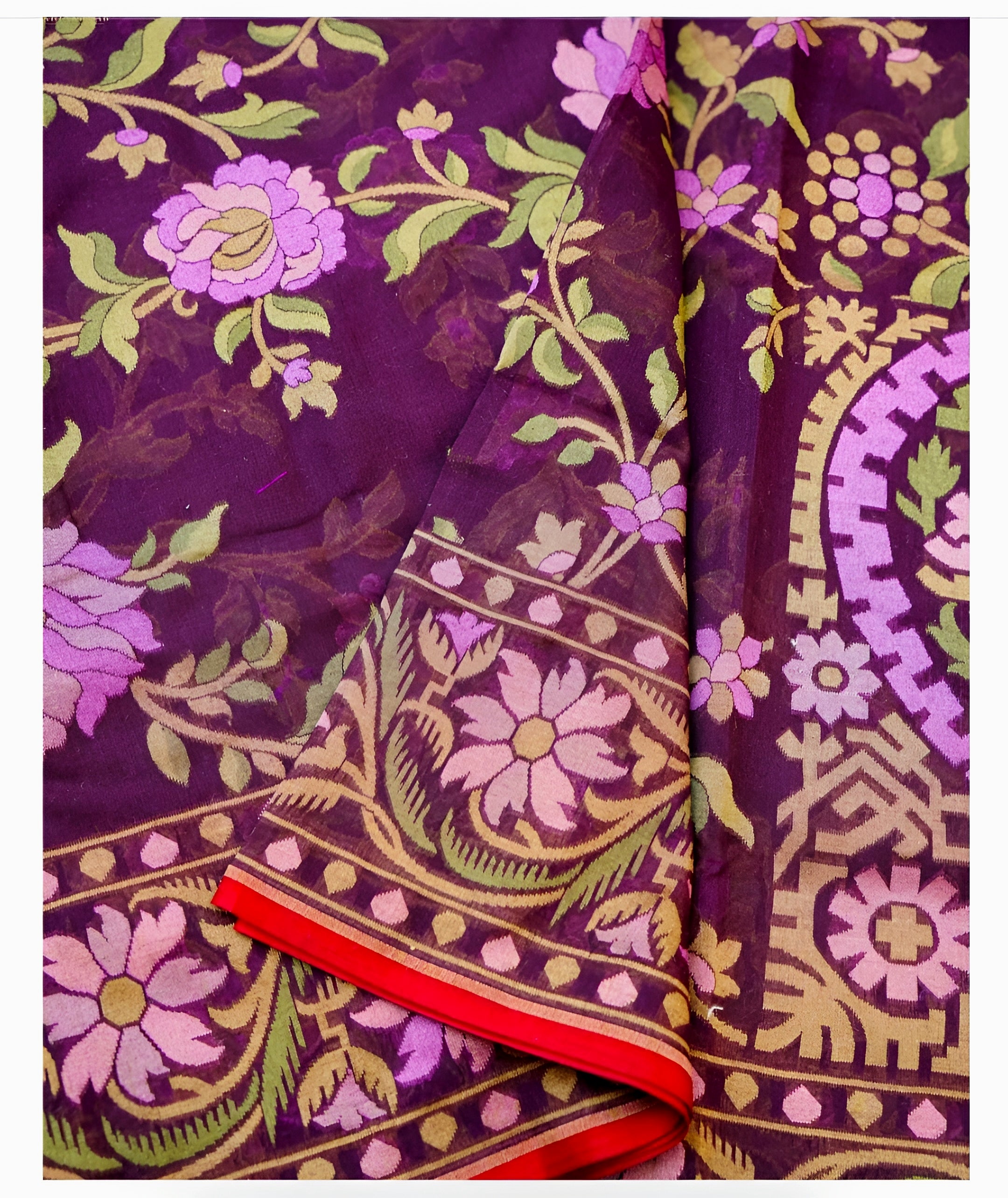 Deep Purple Shade Handwoven Muslin Kora Ektara Jamdani Saree
