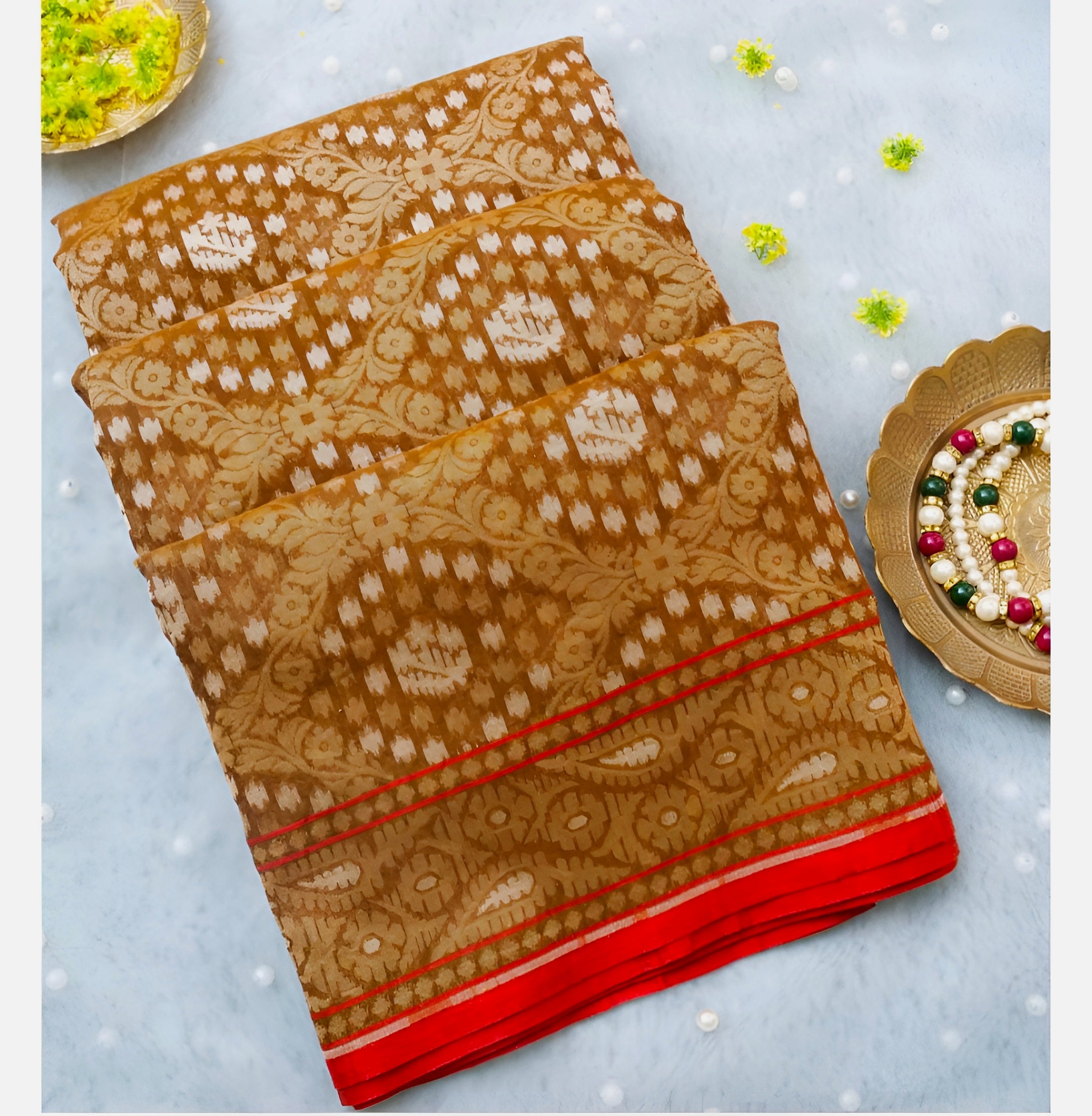 Mustard Gold Shade Handwoven Muslin Kora Ektara Jamdani Saree