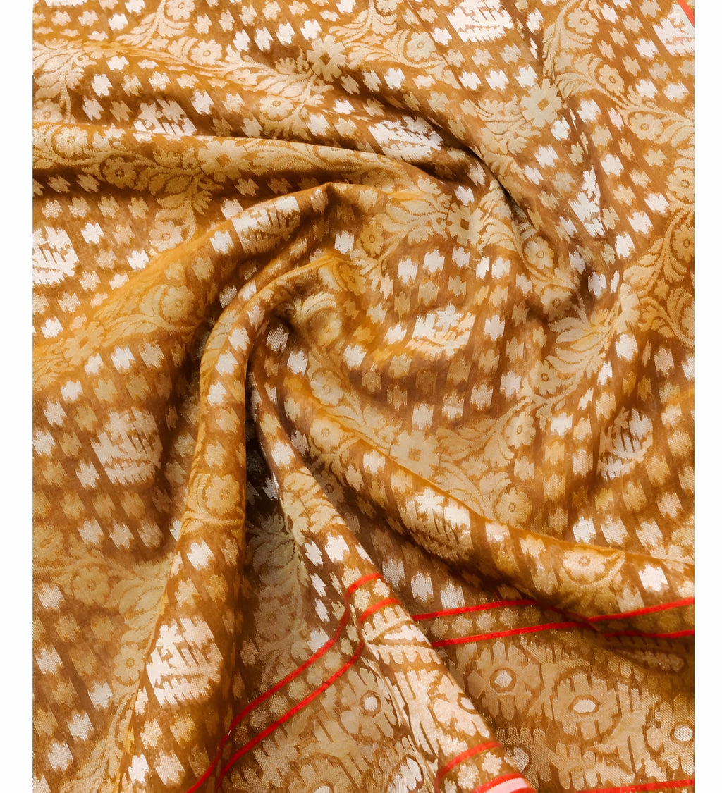 Mustard Gold Shade Handwoven Muslin Kora Ektara Jamdani Saree