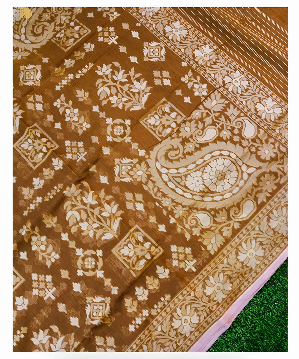 Antique Brown Shade Muslin Kora Ektara Jamdani Saree