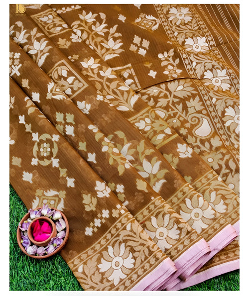 Antique Brown Shade Muslin Kora Ektara Jamdani Saree
