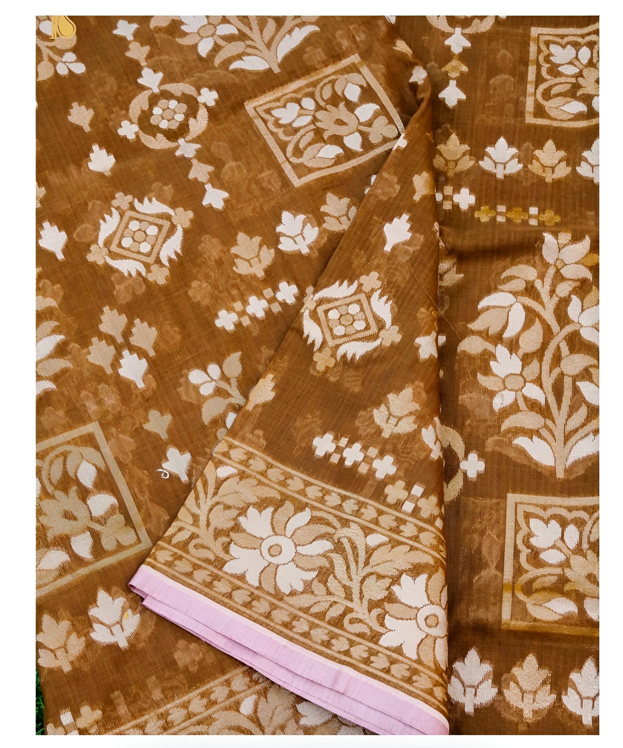 Antique Brown Shade Muslin Kora Ektara Jamdani Saree