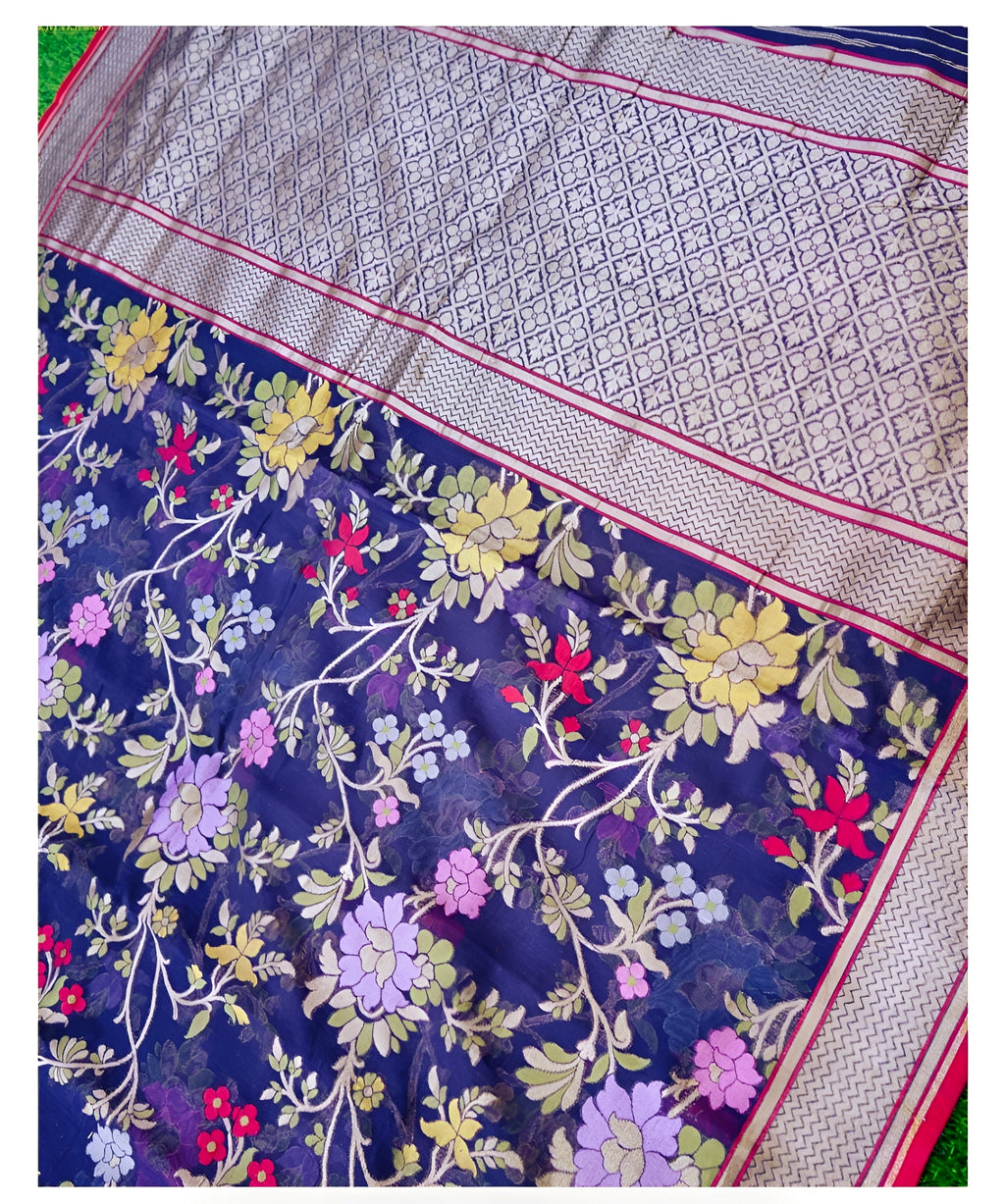 Blue Shade Handwoven Muslin Kora Ektara Jamdani Saree
