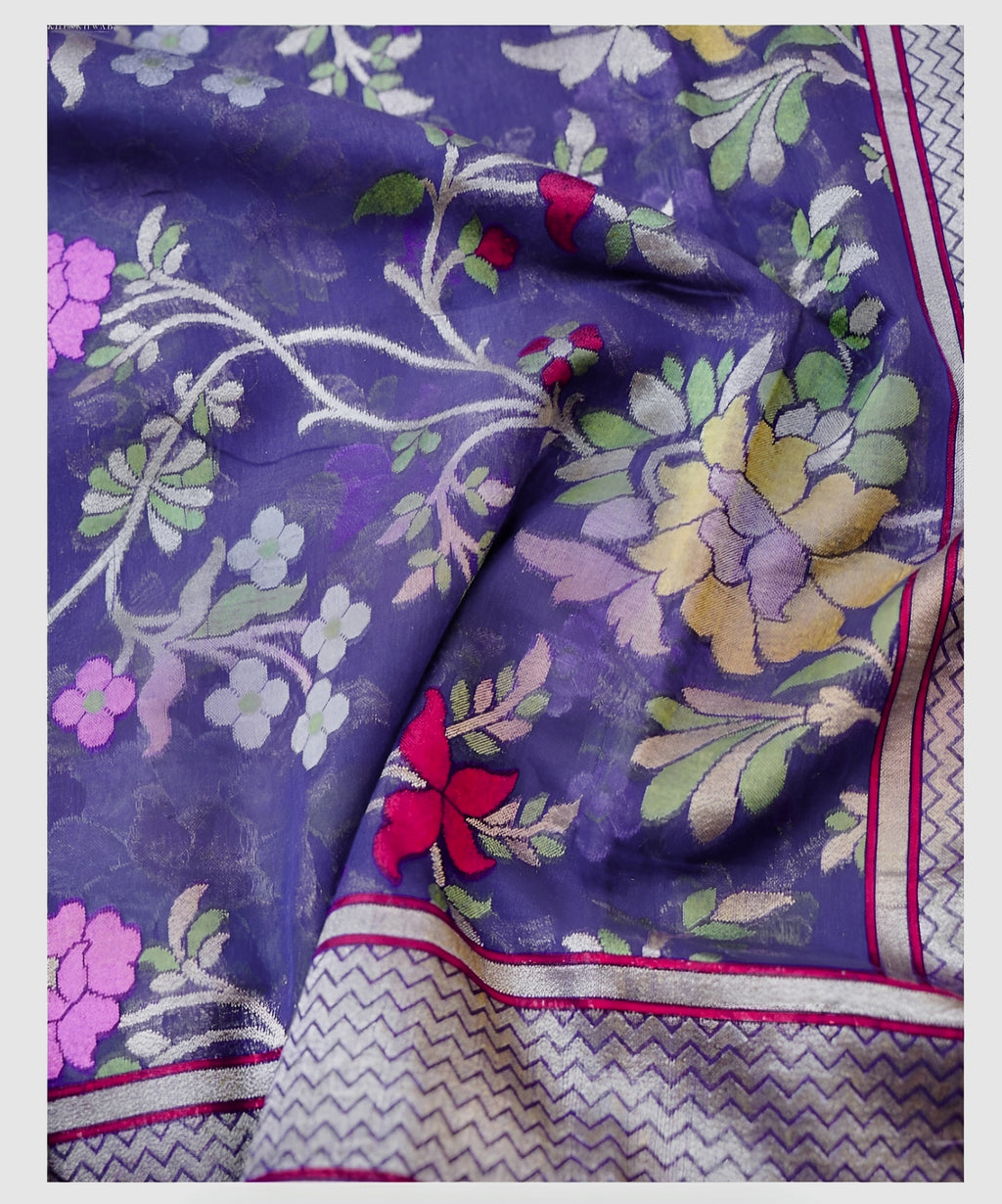 Blue Shade Handwoven Muslin Kora Ektara Jamdani Saree