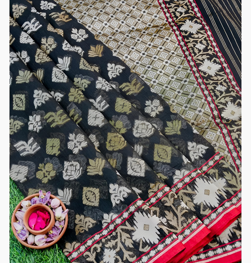 Black Shade Handwoven Ektara Kora Jamdani Saree