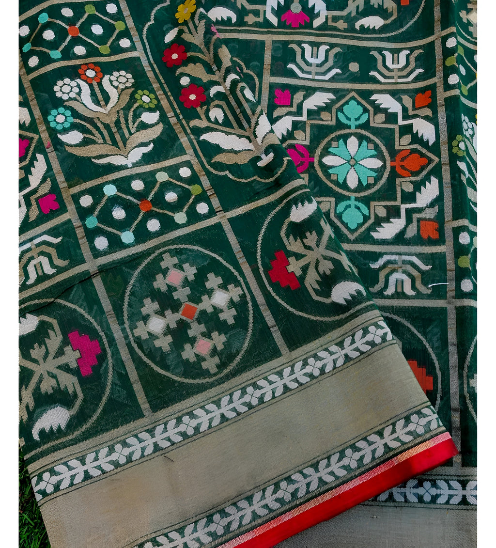 Forest Green Shade Handwoven Muslin Kora Ektara Jamdani
