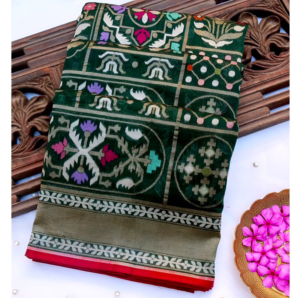 Forest Green Shade Handwoven Muslin Kora Ektara Jamdani