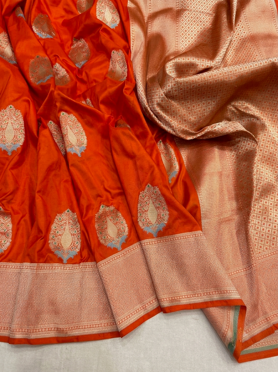 Cosmic Orange Shade Handwoven Pure Kataan Silk Saree