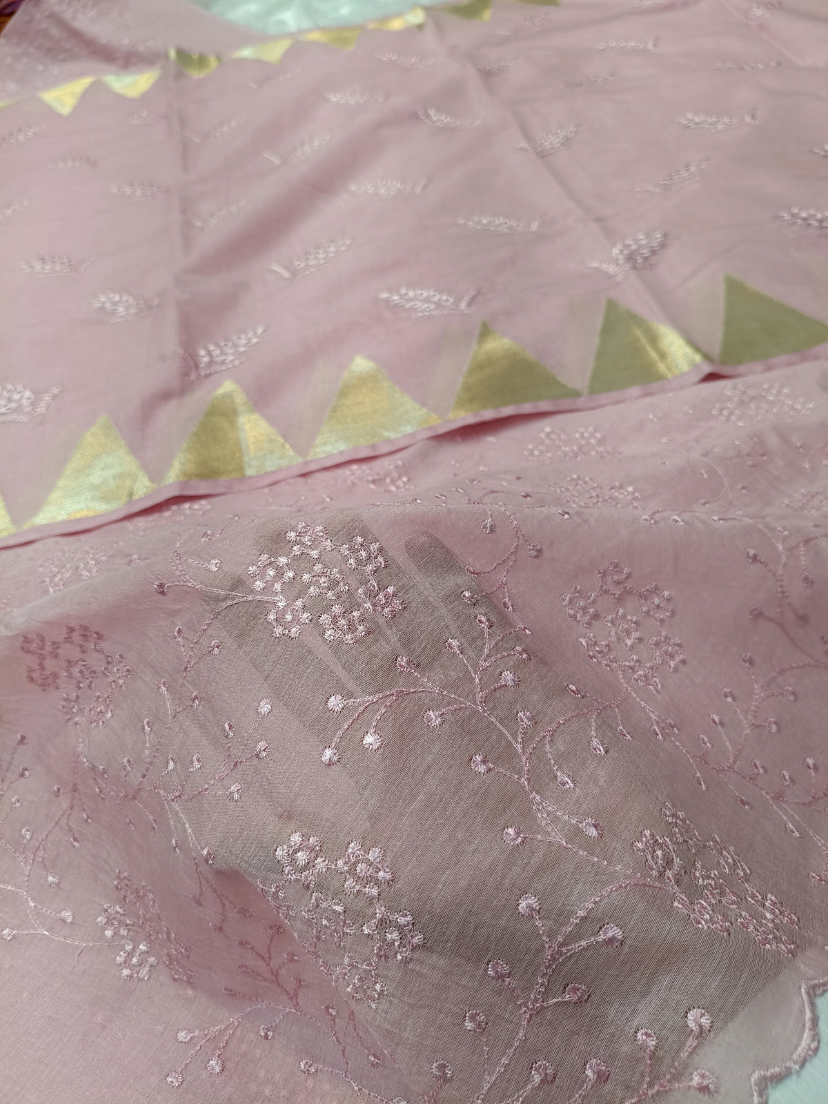 Baby Pink Shade Chikankari Work Mul Silk Suit Set
