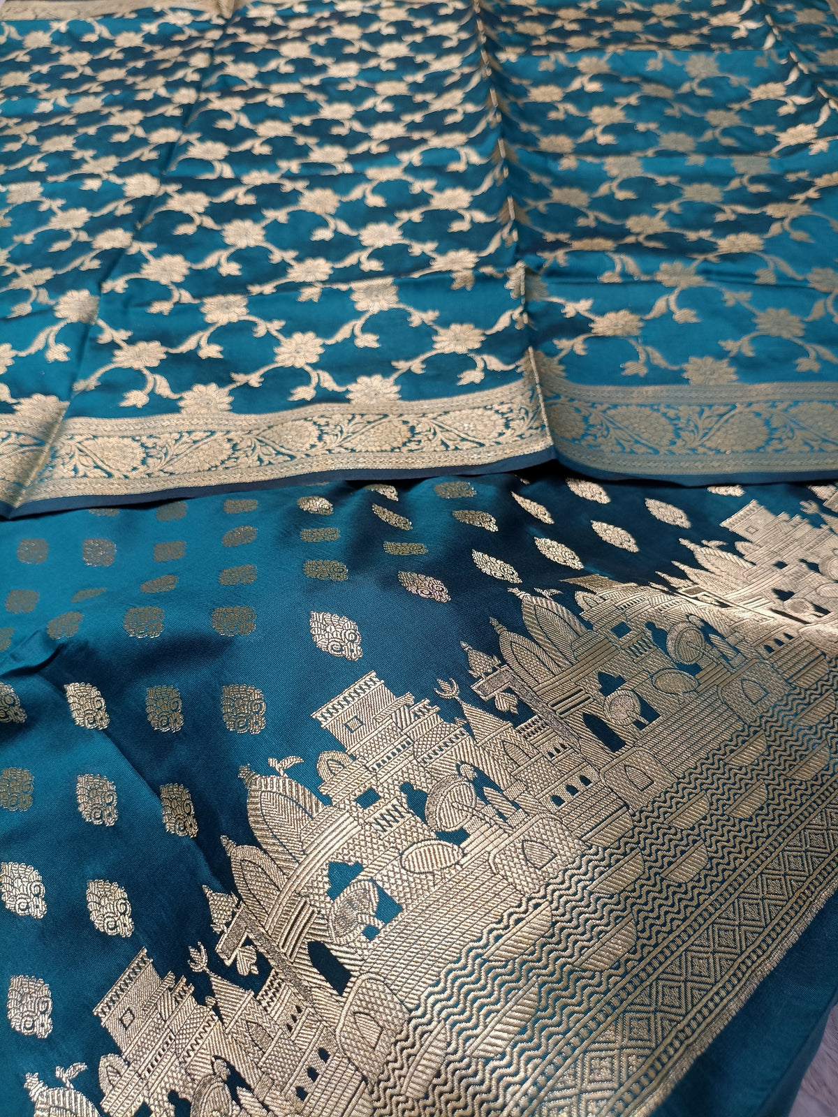 Teal Green Shade Banarasi Silk Temple Ghat Style Suit Set