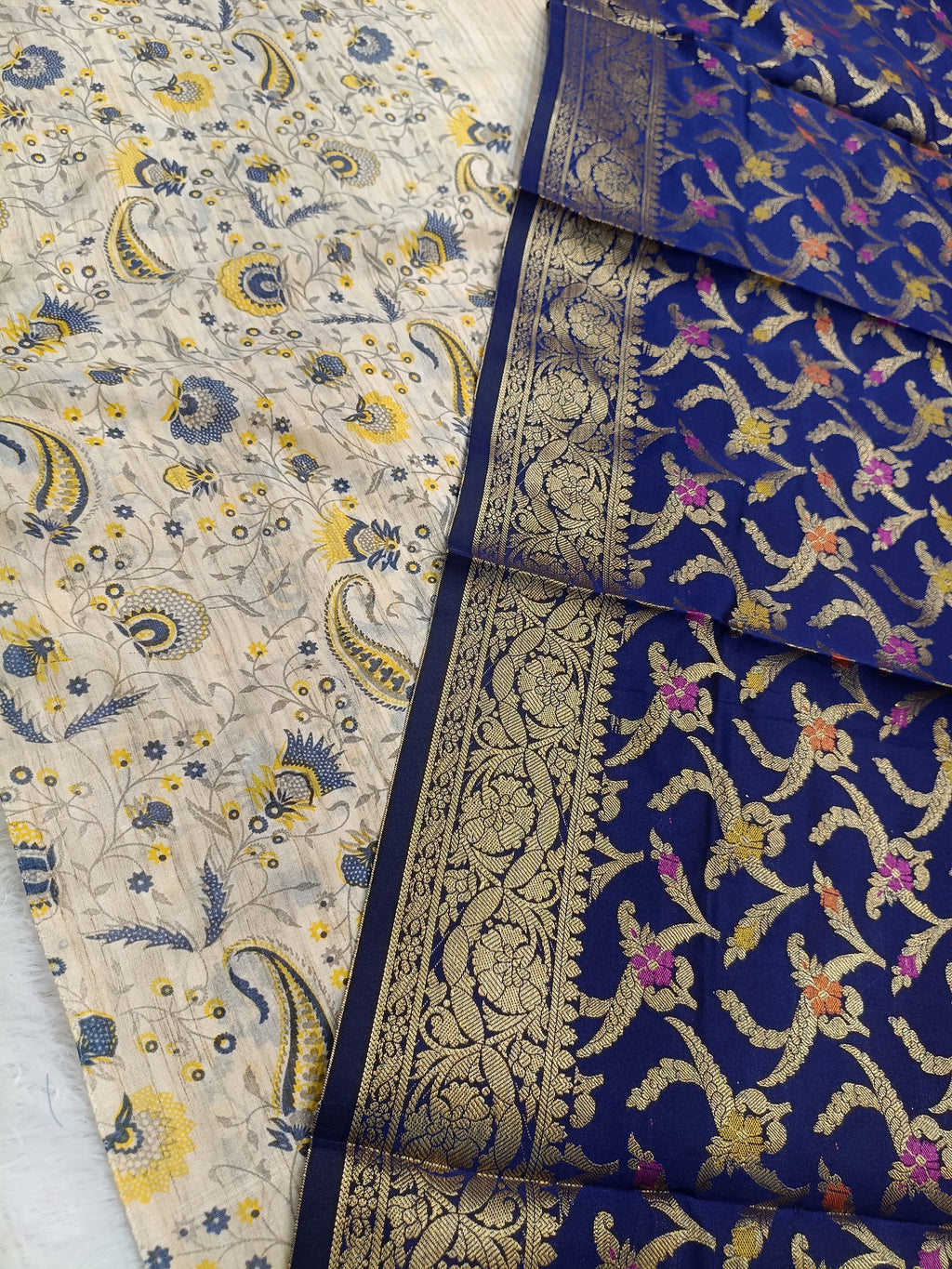 Beige with Blue Shade Matka Linen Silk Suit Set