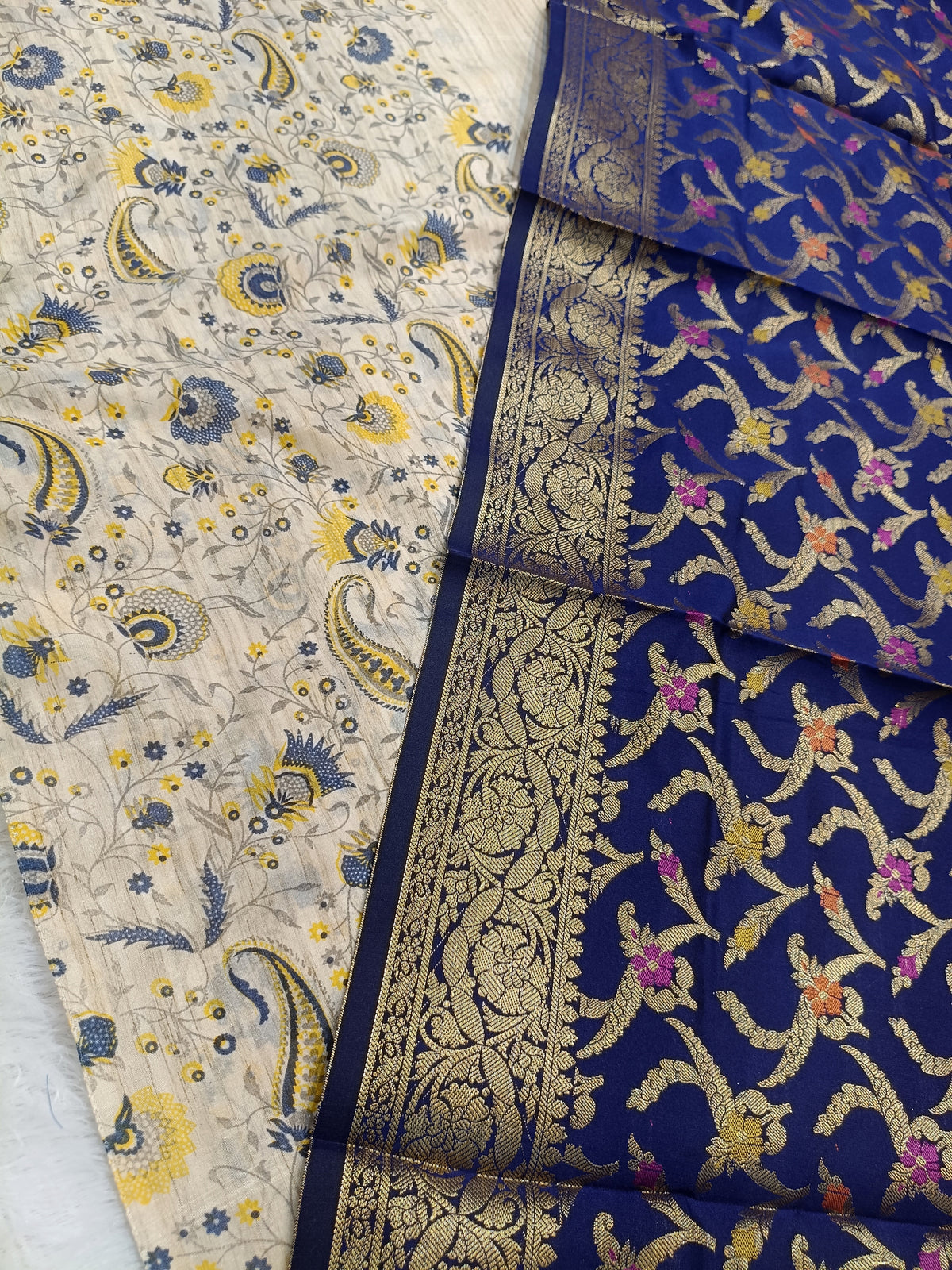 Beige with Blue Shade Matka Linen Silk Suit Set