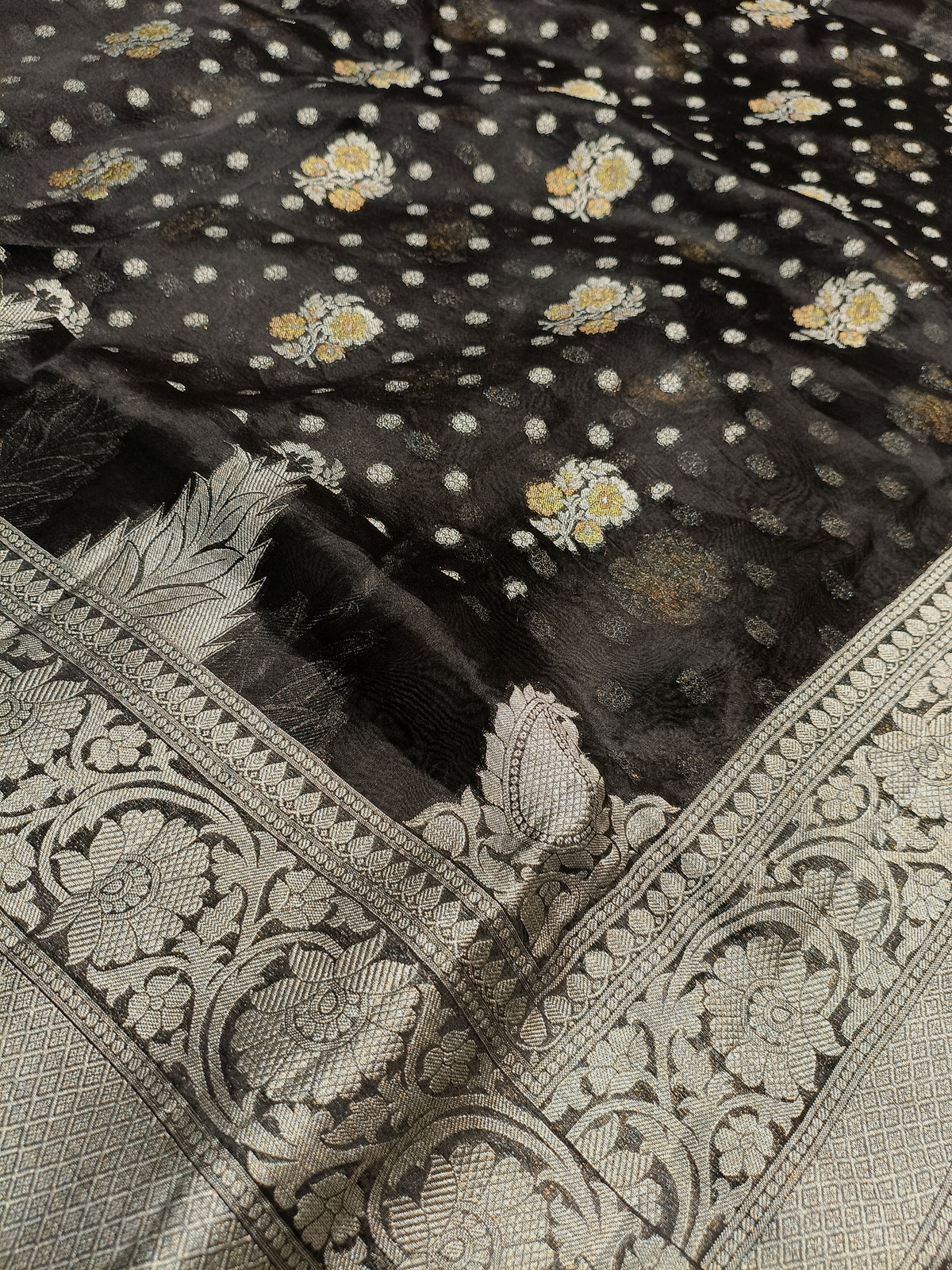 Black Shade Handwoven Reshmi Kora Organza Banarasi
