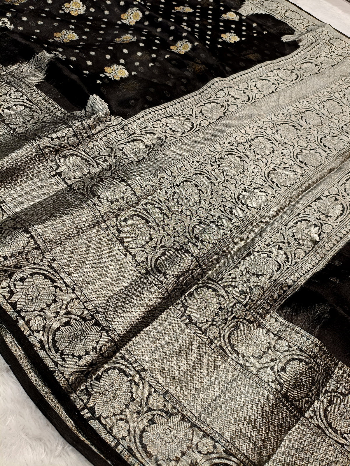 Black Shade Handwoven Reshmi Kora Organza Banarasi