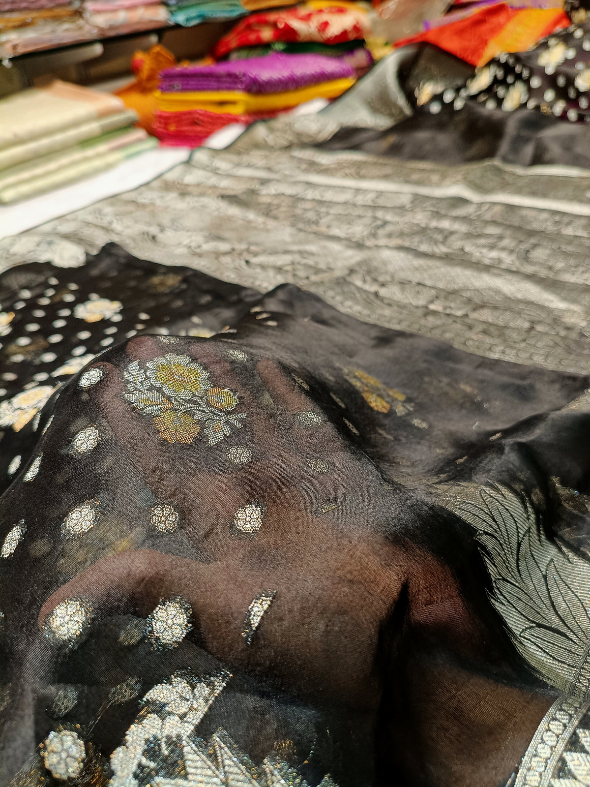Black Shade Handwoven Reshmi Kora Organza Banarasi