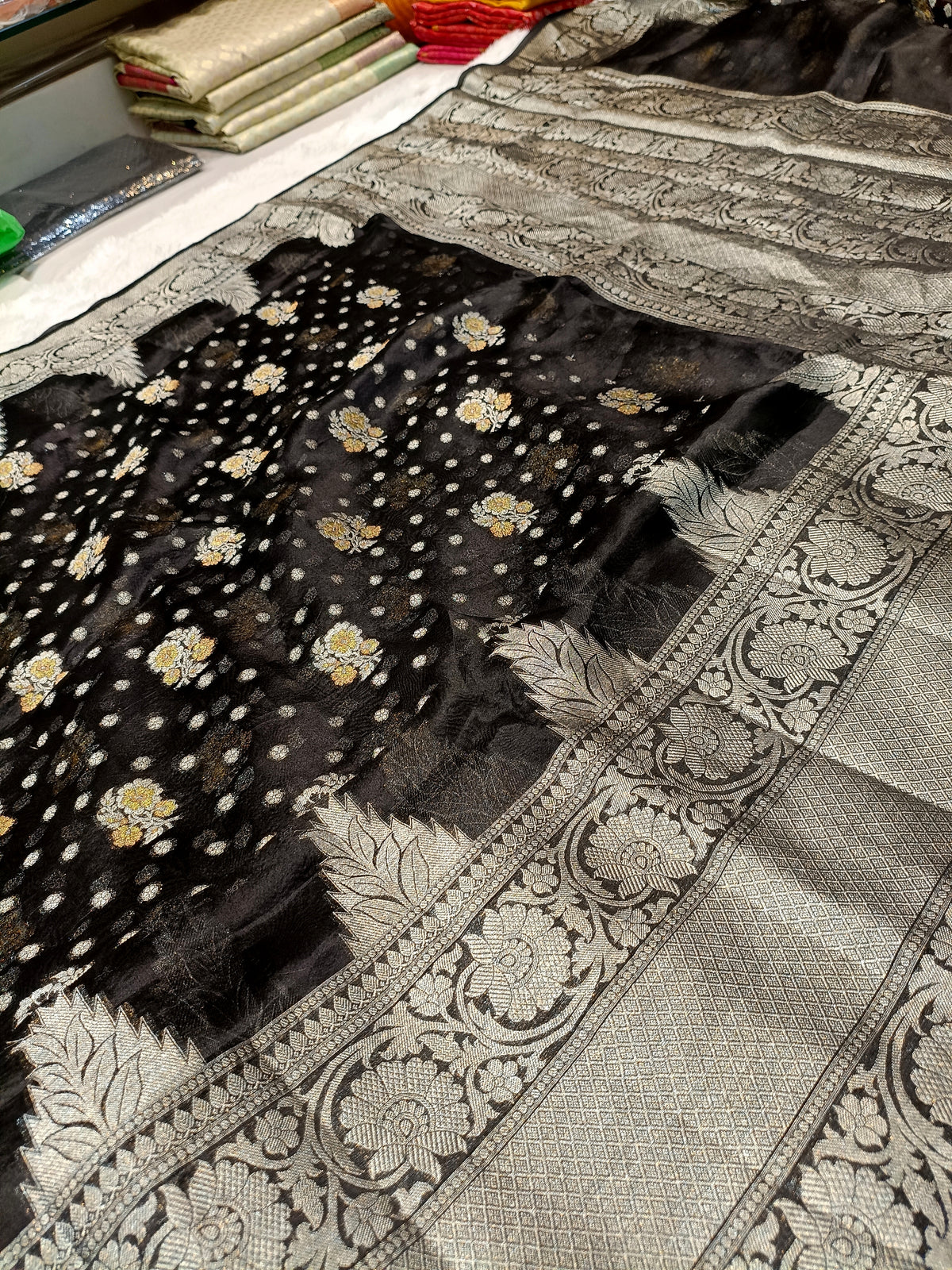 Black Shade Handwoven Reshmi Kora Organza Banarasi