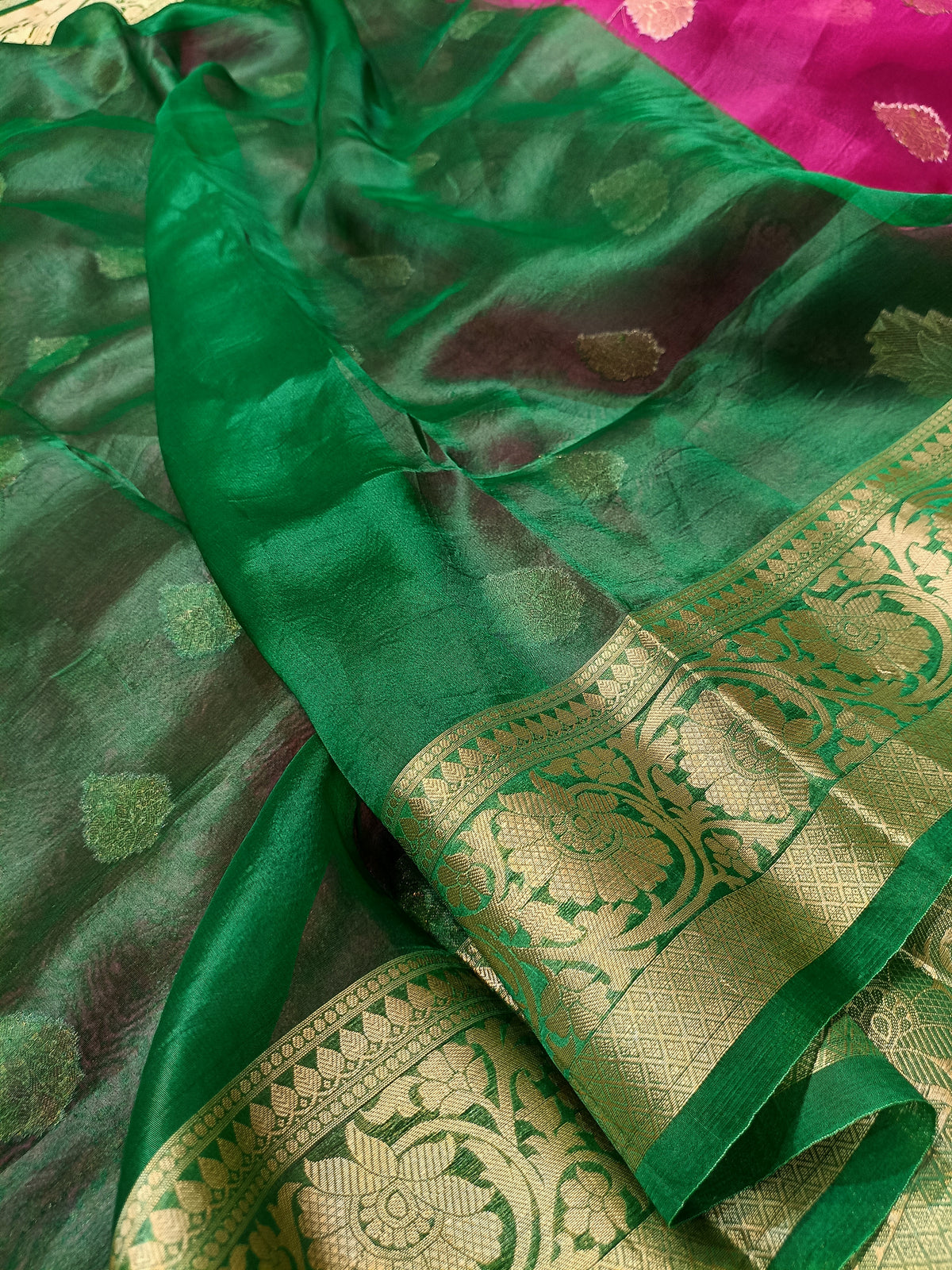 Rani Pink Shade Handwoven Reshmi Kora Organza Banarasi