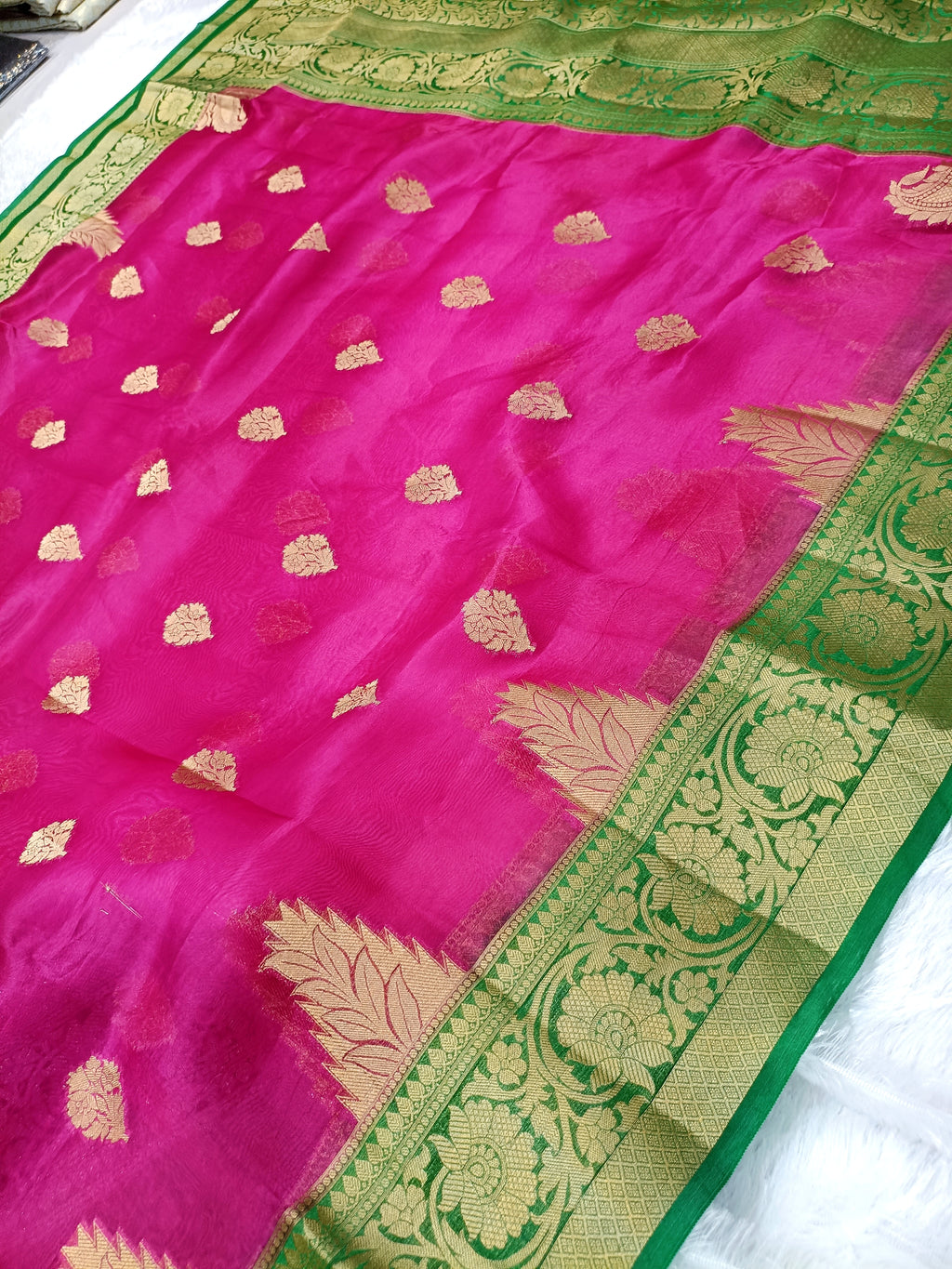 Rani Pink Shade Handwoven Reshmi Kora Organza Banarasi