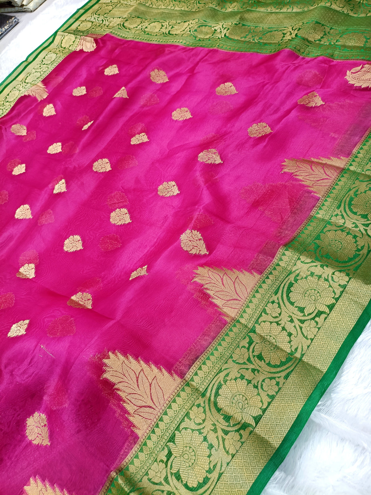 Rani Pink Shade Handwoven Reshmi Kora Organza Banarasi