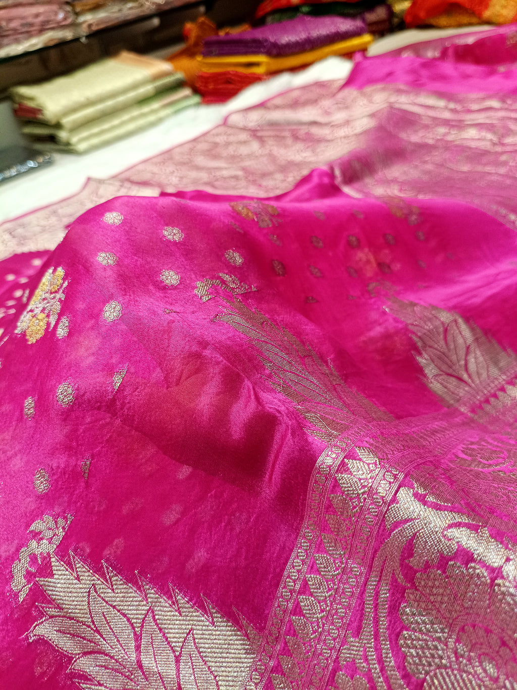 Rani Pink Shade Handwoven Reshmi Kora Organza Banarasi