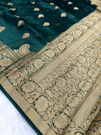 Bottle Green Shade Handwoven Reshmi Kora Organza Banarasi