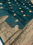 Bottle Green Shade Handwoven Reshmi Kora Organza Banarasi